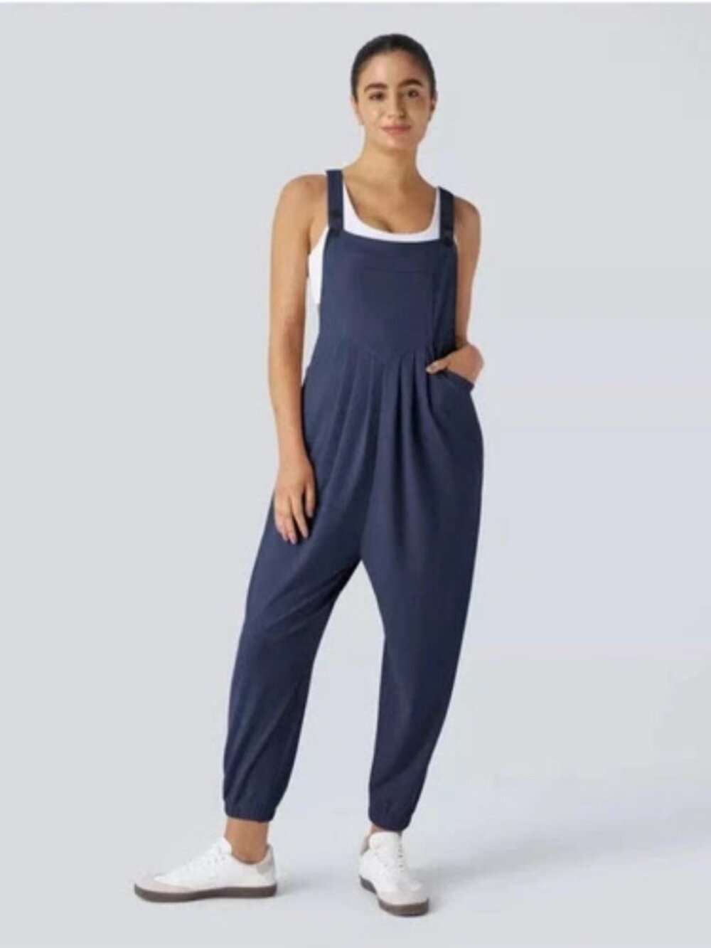 Halara Adjustable Strap Pockets Waffle Casual Jogger Overalls Jumpsuit NAVY Sz M - Picture 2 of 10